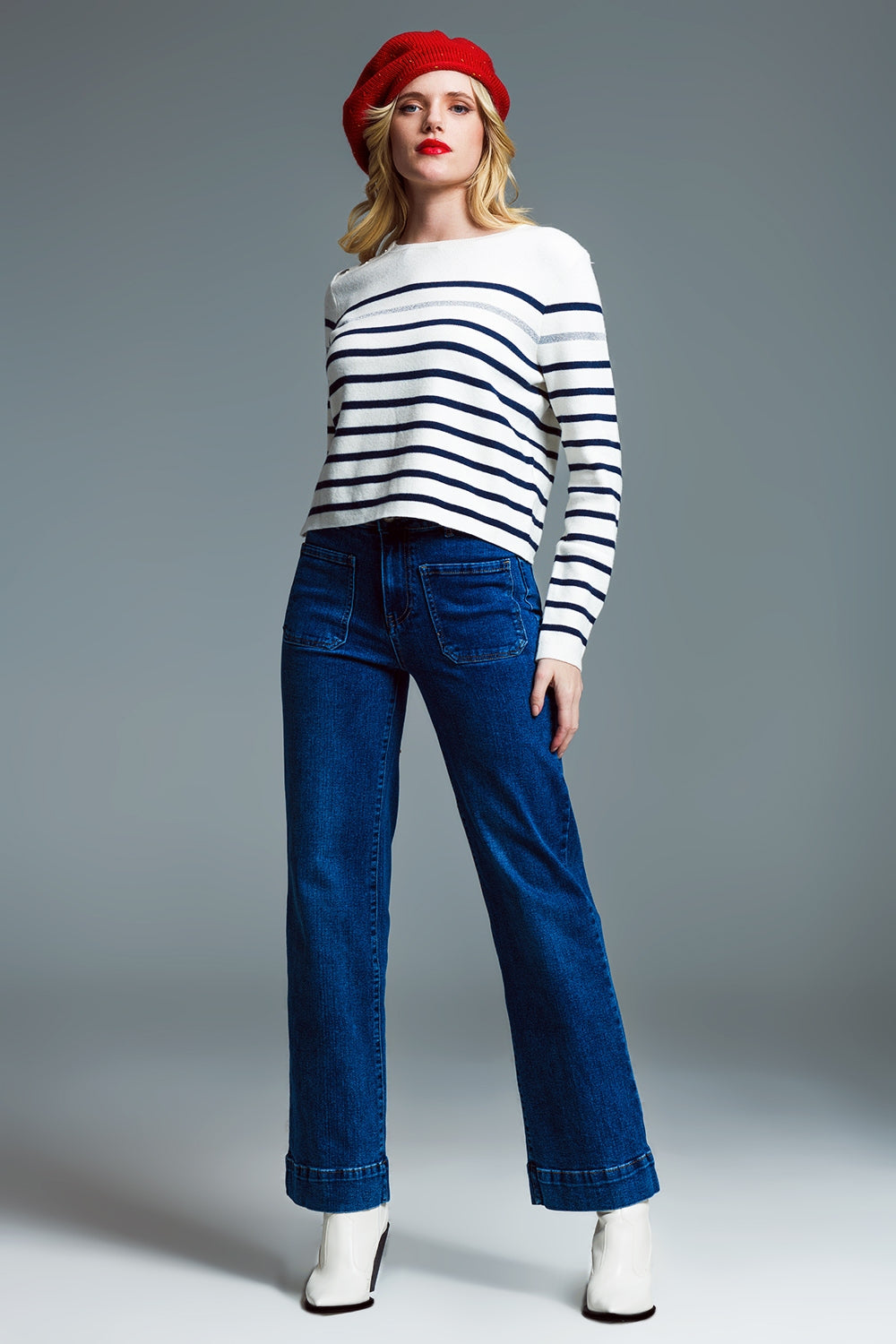 Marine Style Stripey Sweater With Button Detail At Shoulder