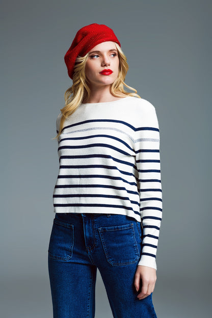 Marine Style Stripey Sweater With Button Detail At Shoulder