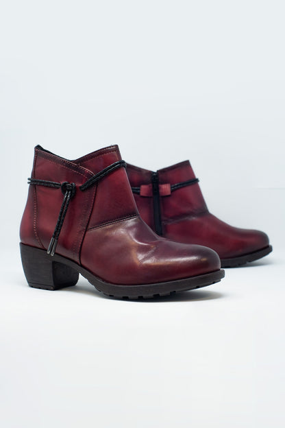 Maroon blocked mid heeled ankle boots with round toe