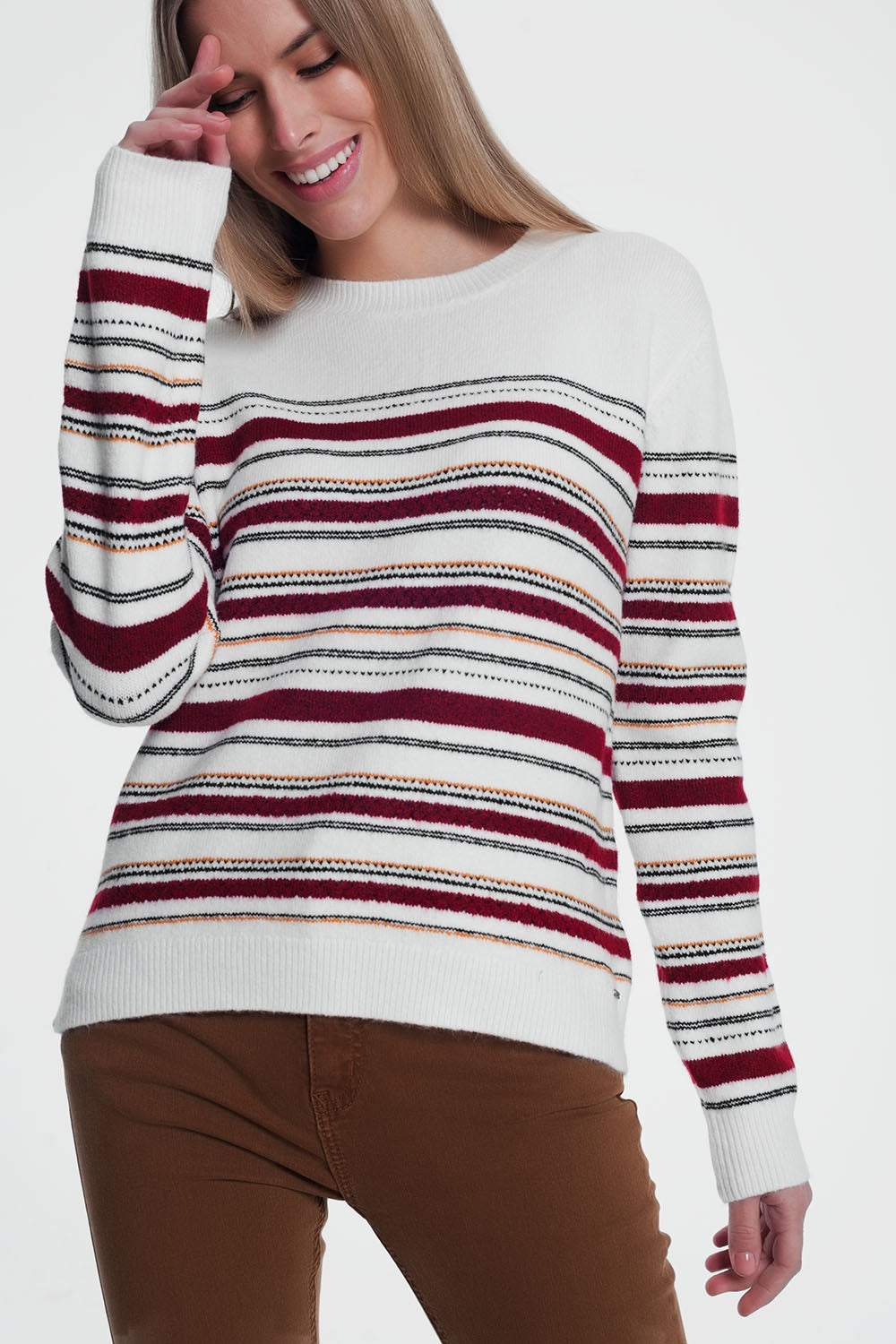 Q2 Maroon knitted sweater with stripes