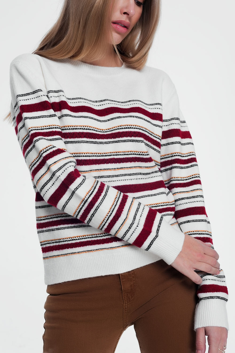 Maroon knitted sweater with stripes