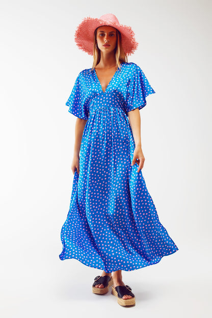 Maxi Cinched At The Waist Dress With Angel Sleeves In Blue Polka Dot