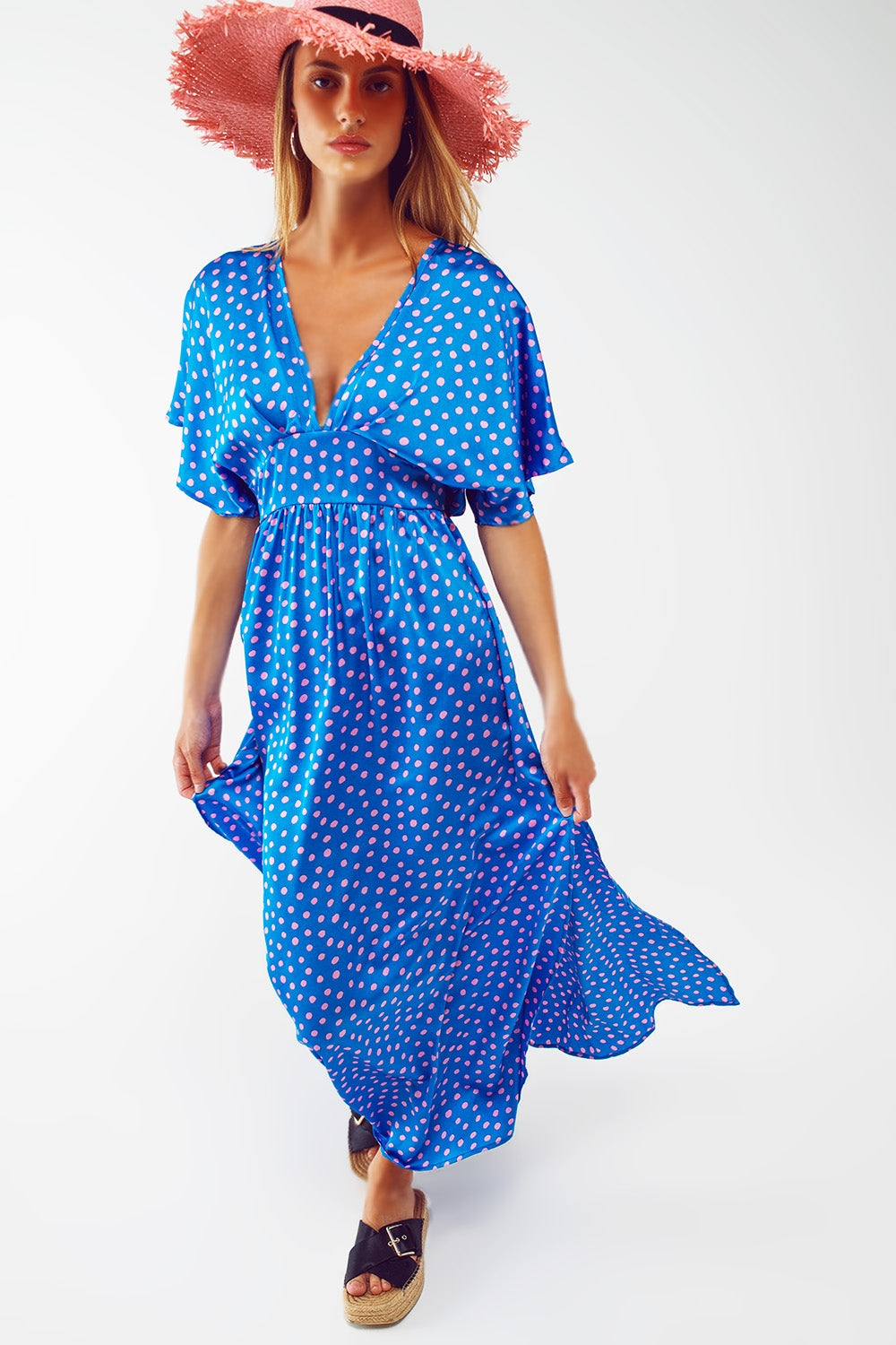 Q2 Maxi Cinched At The Waist Dress With Angel Sleeves In Blue Polka Dot