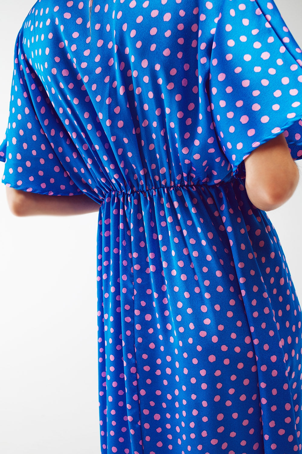 Maxi Cinched At The Waist Dress With Angel Sleeves In Blue Polka Dot