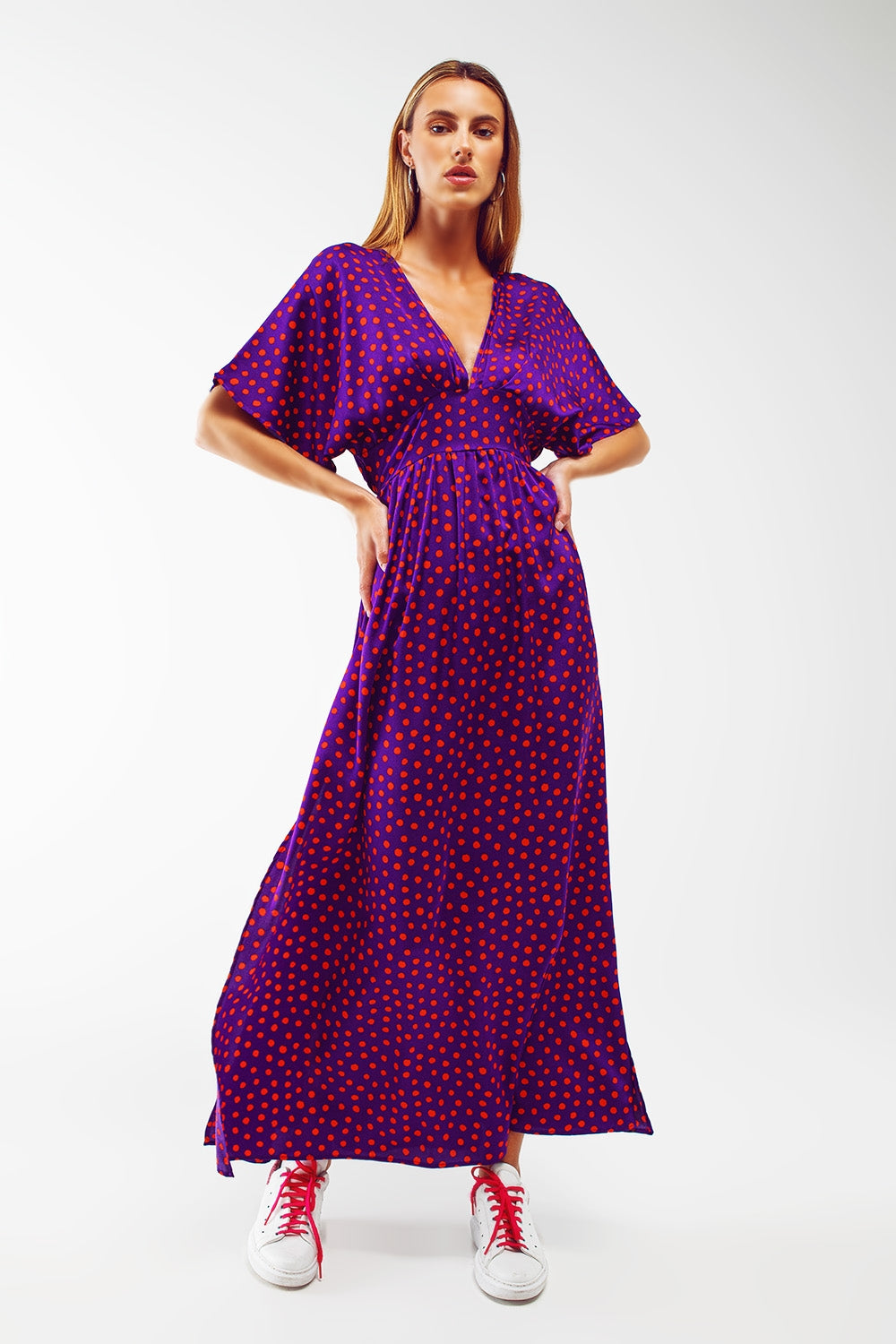 Maxi Cinched At The Waist Dress With Angel Sleeves In Purple Polka Dot