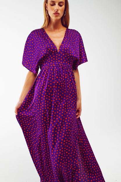 Maxi Cinched At The Waist Dress With Angel Sleeves In Purple Polka Dot