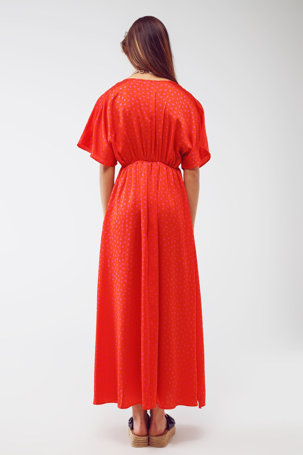 Maxi Cinched At The Waist Dress With Angel Sleeves In Red Polka Dot