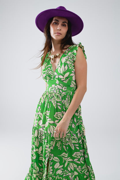 Maxi Cinched Waist Floral Print Dress in Green