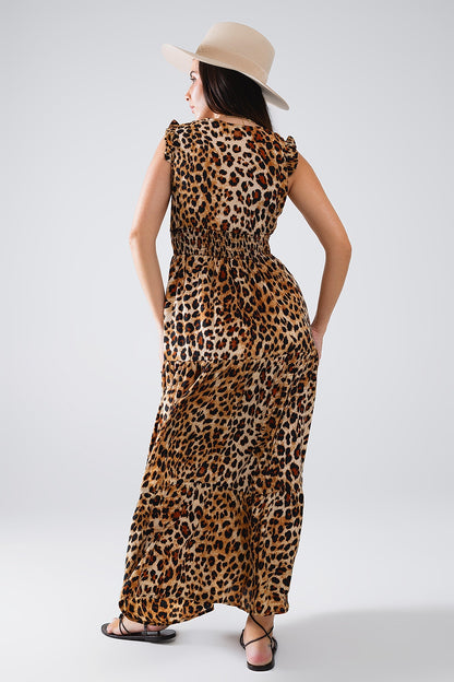 Maxi Cinched Waist Leopard Print Dress