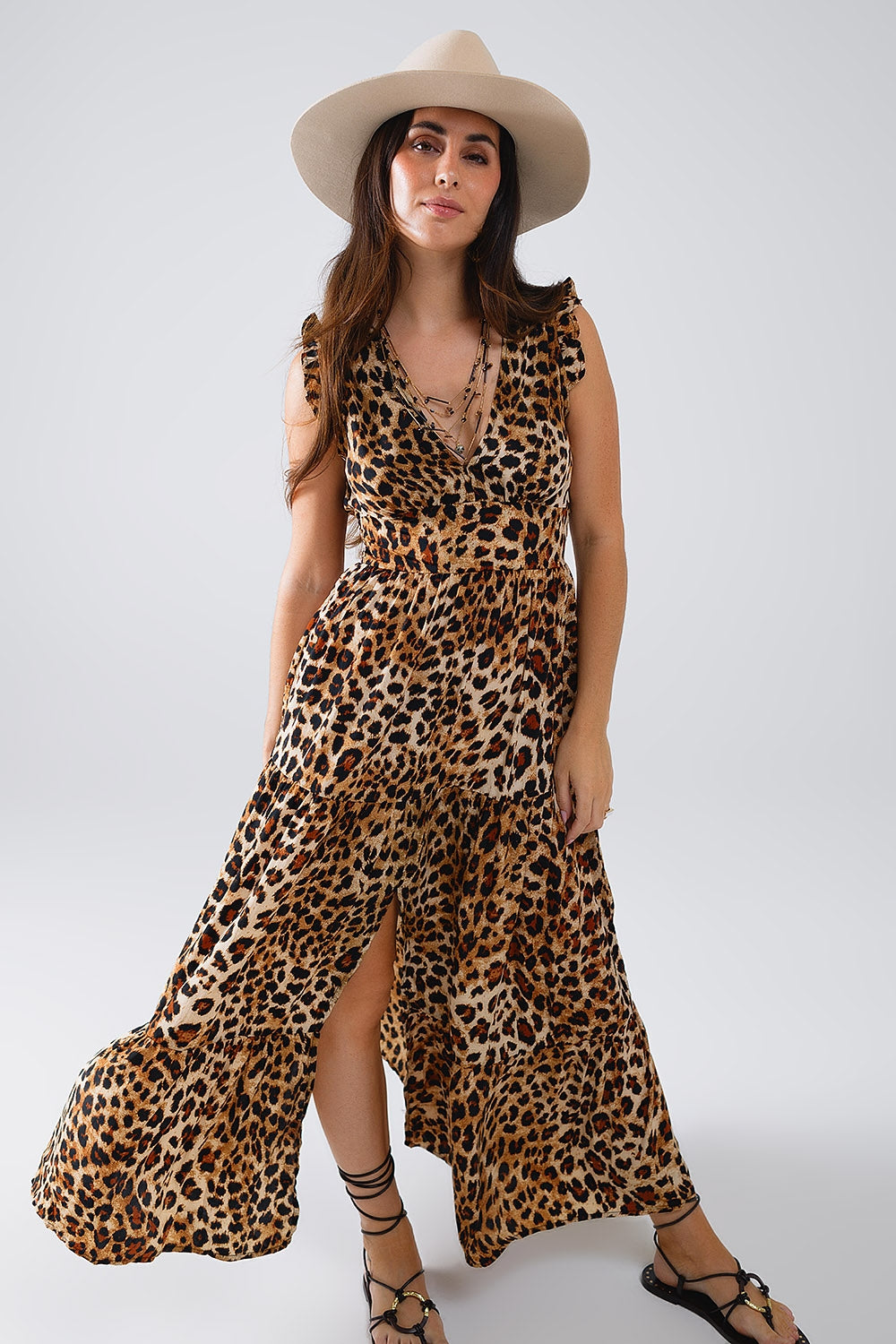 Maxi Cinched Waist Leopard Print Dress