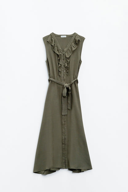 Maxi dress in khaki with ruffle and button detail