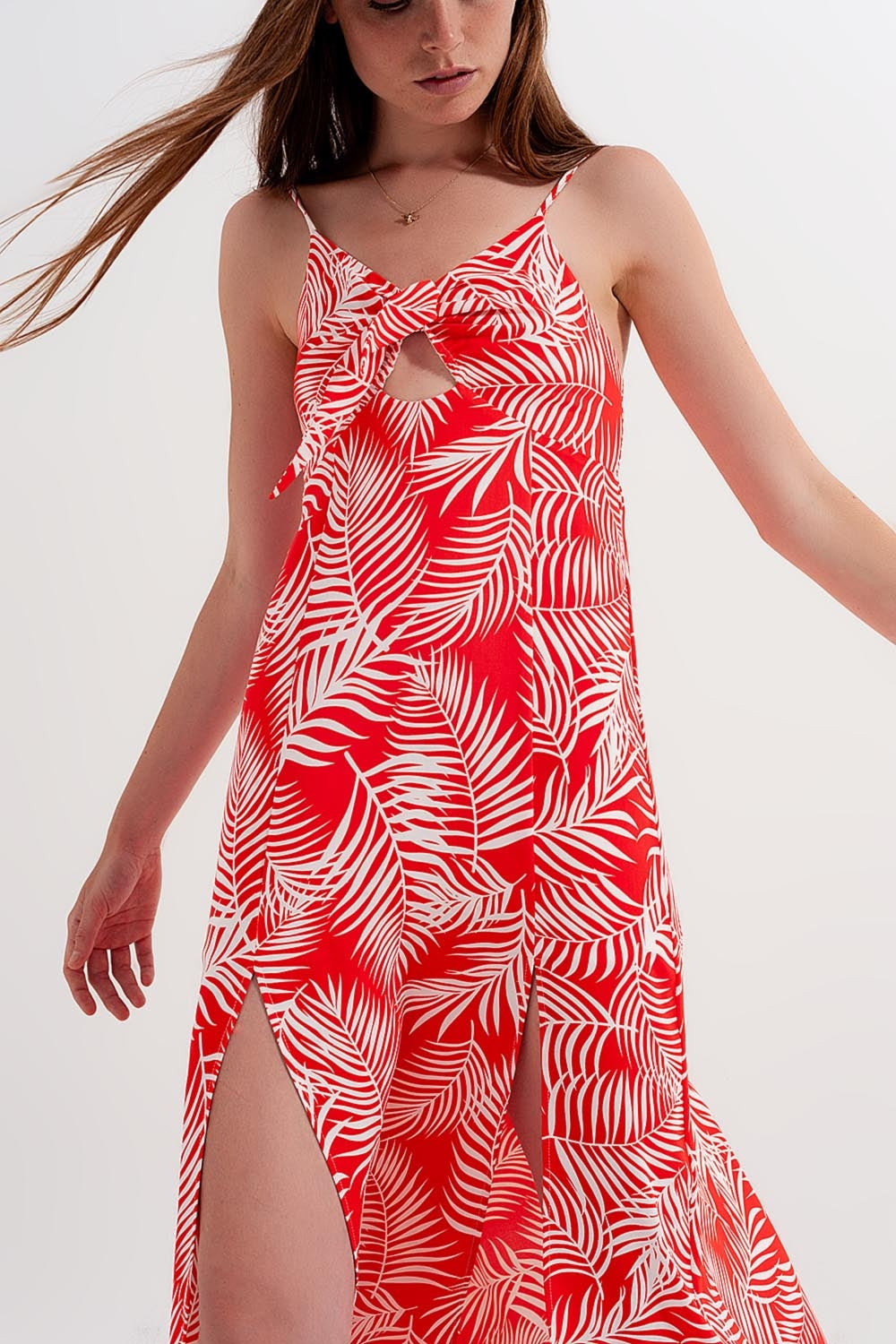 Maxi dress with splits in red leaves print