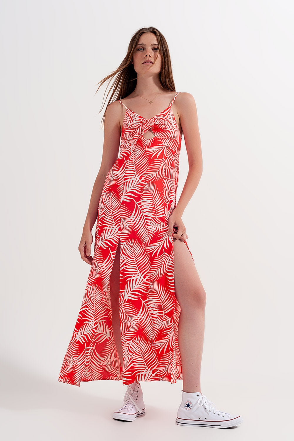 Maxi dress with splits in red leaves print