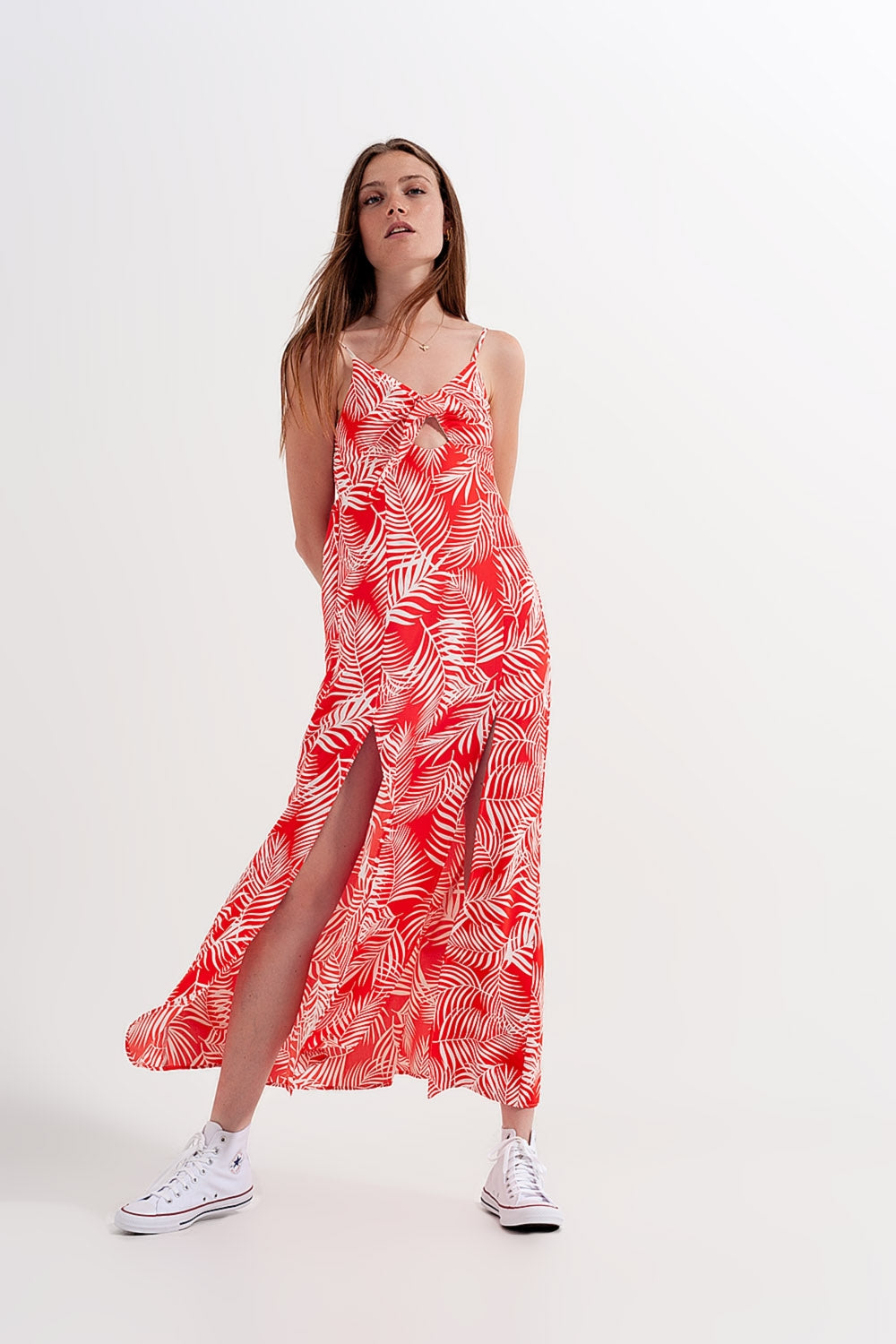 Maxi dress with splits in red leaves print