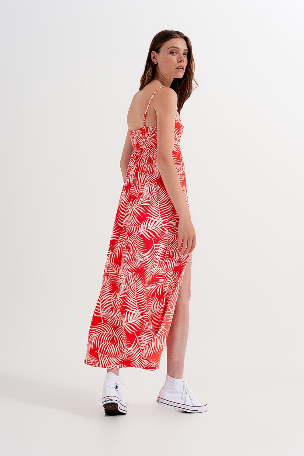 Maxi dress with splits in red leaves print