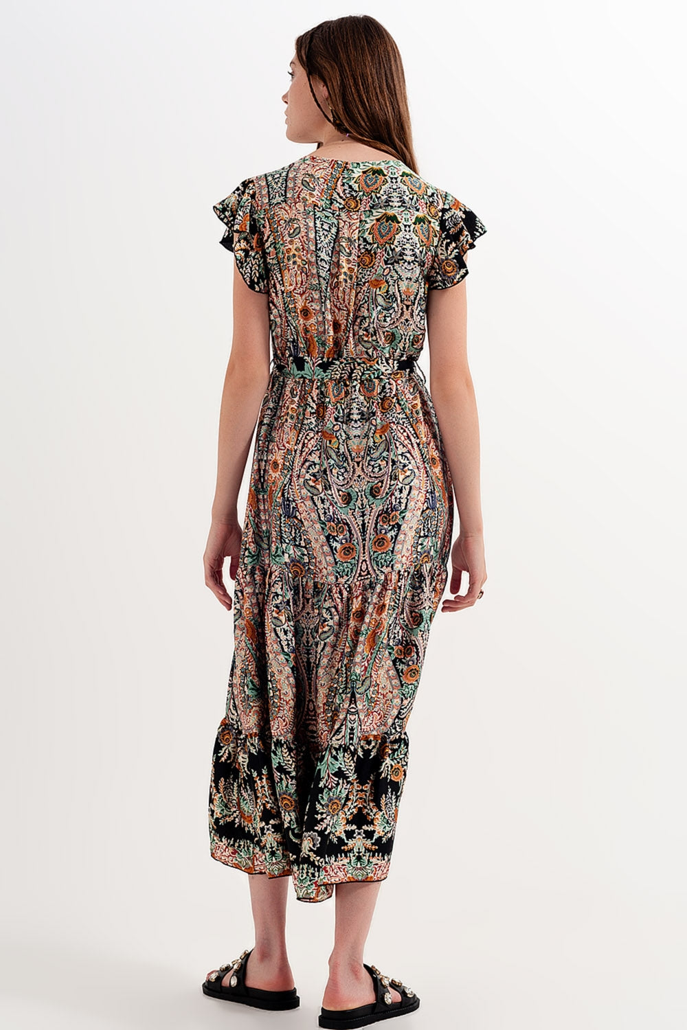 Maxi dress with tiered skirt in mixed paisely print