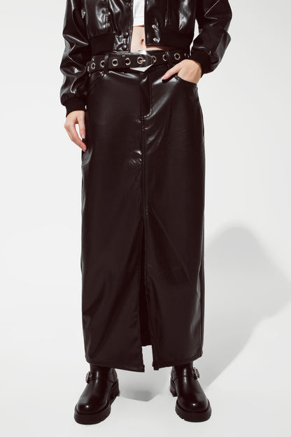 Q2 Maxi faux leather skirt with cut at the front