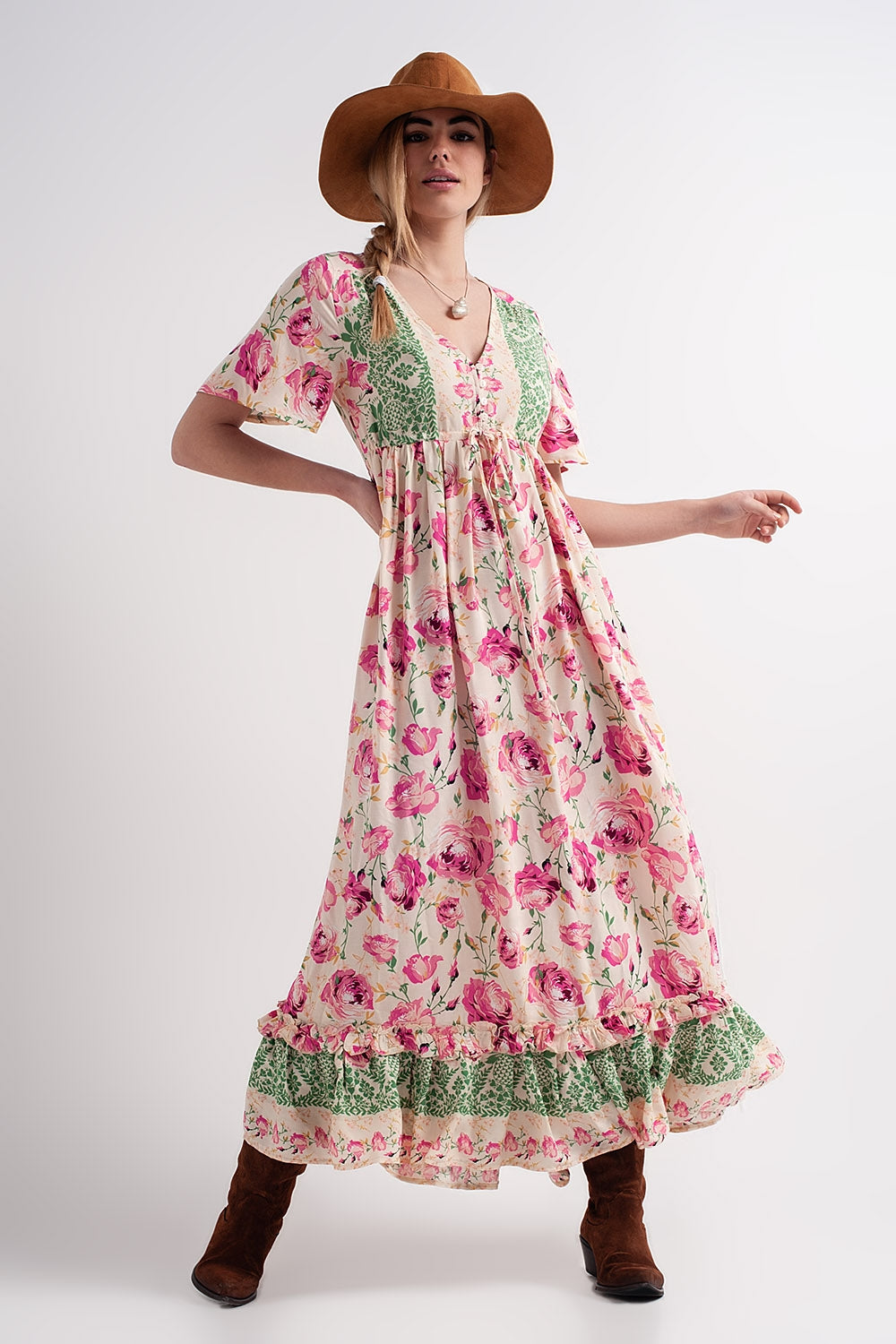 Q2 Maxi floral print maxi dress in pink