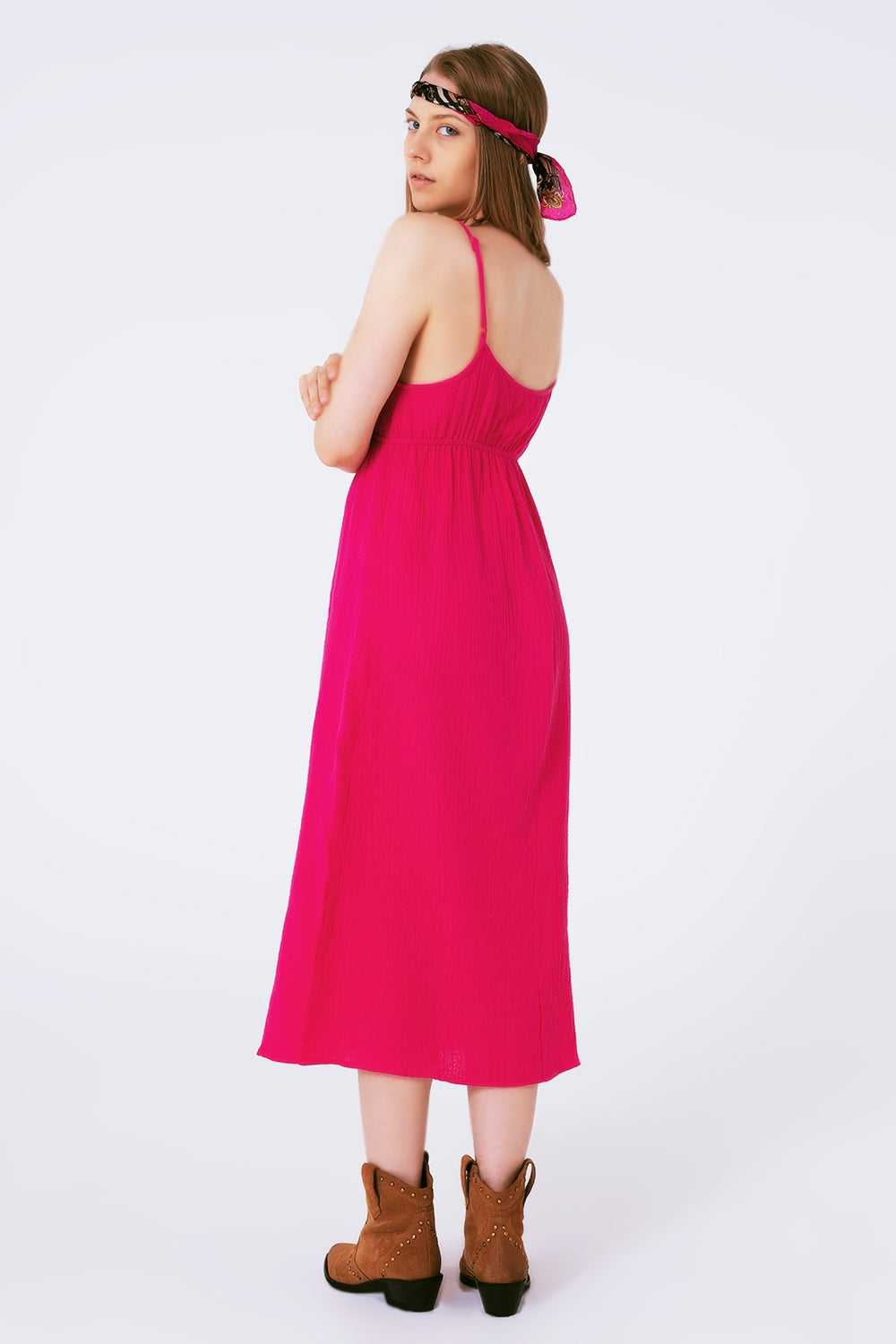 maxi fuchsia summer dress with straps and gathered waist