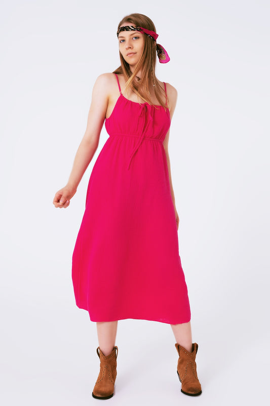 Q2 maxi fuchsia summer dress with straps and gathered waist