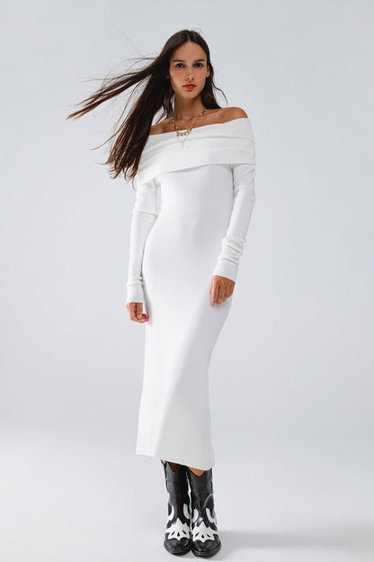 Q2 Maxi Knitted Foldover Badot Dress in white