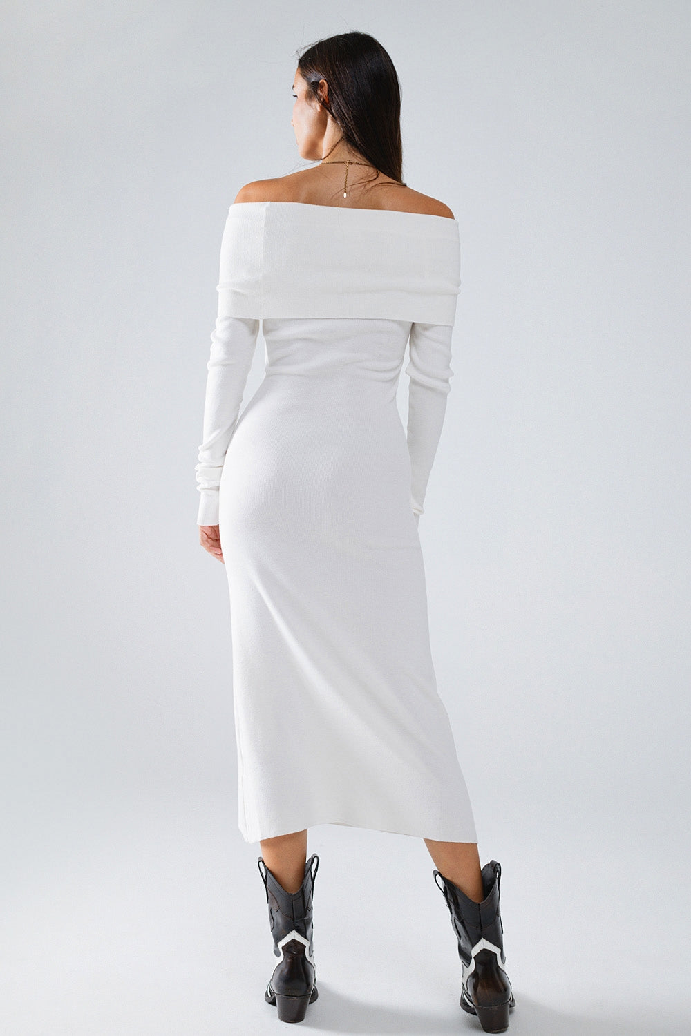 Maxi Knitted Foldover Badot Dress in white