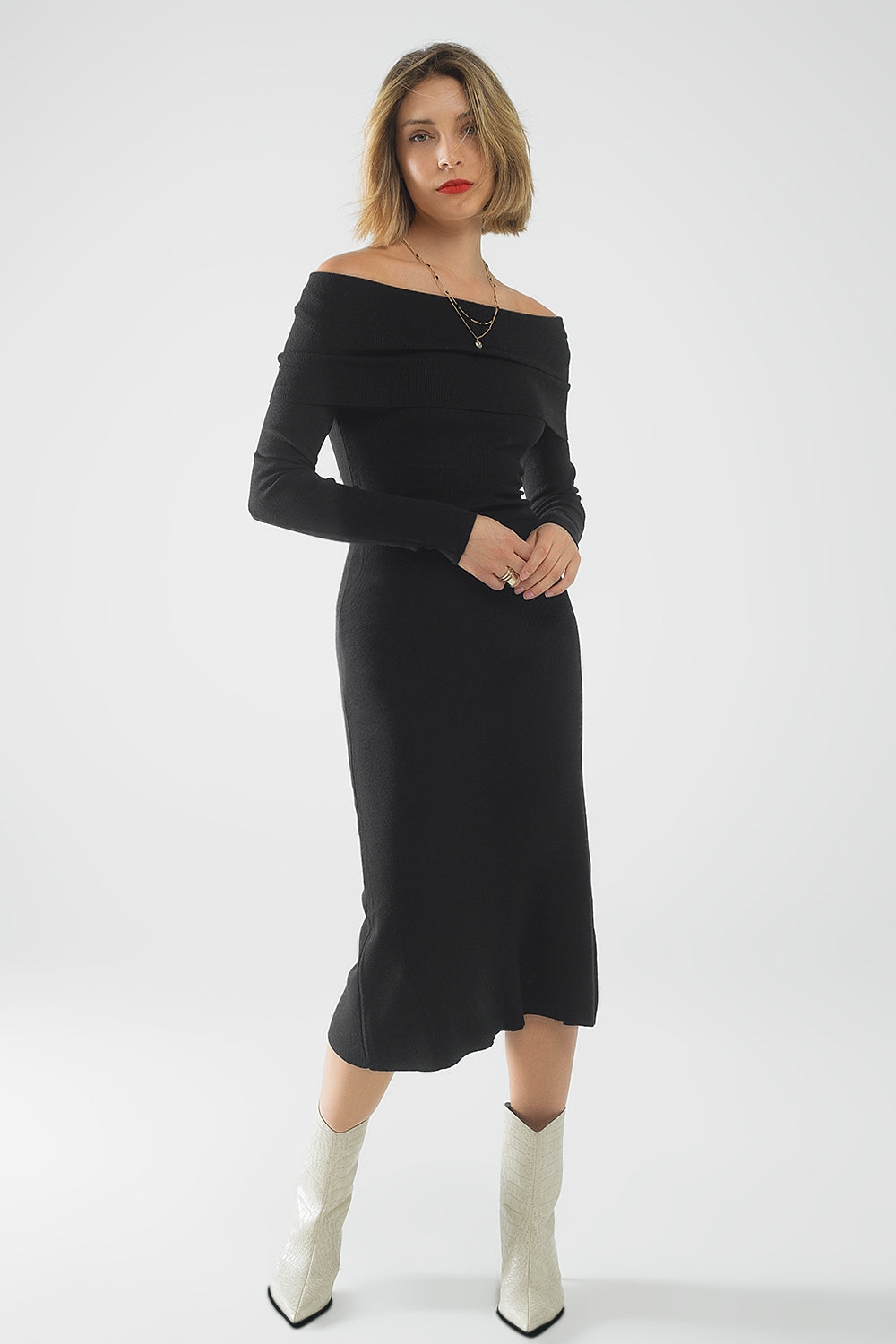 Q2 Maxi Knitted wide Bardot Dress in black