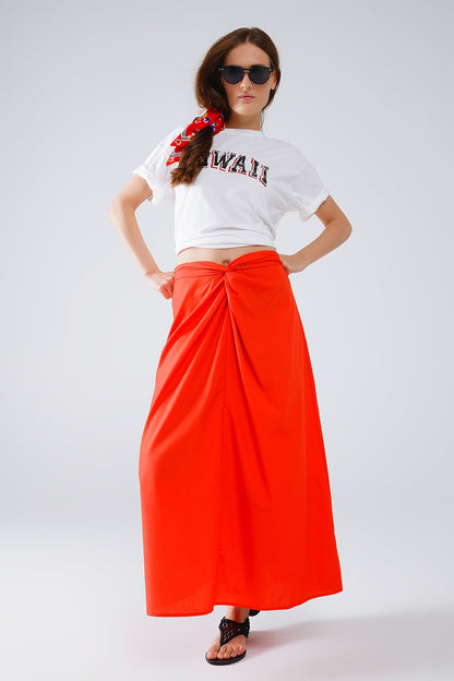 Maxi orange poplin skirt with knot detail at the waist