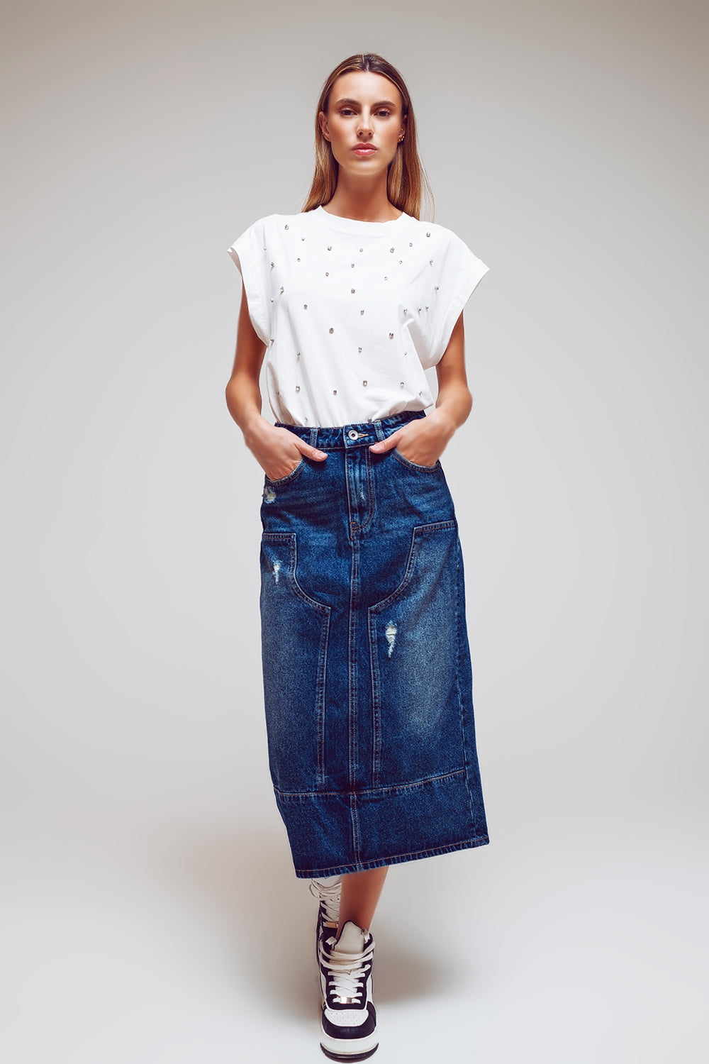 Maxi Pencil Denim Skirt With Panel Details In The Front