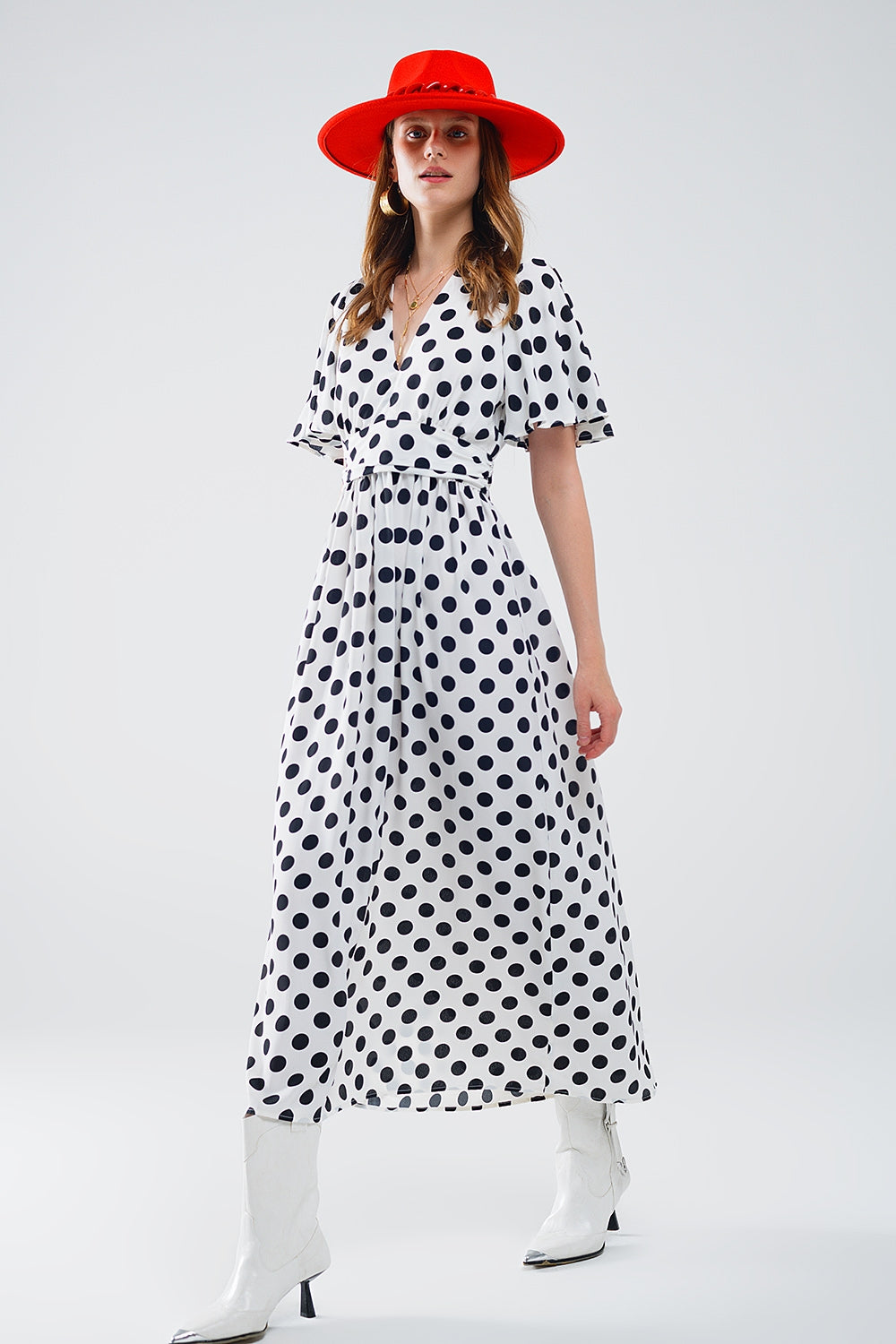 Maxi polka dot dress with open back detail