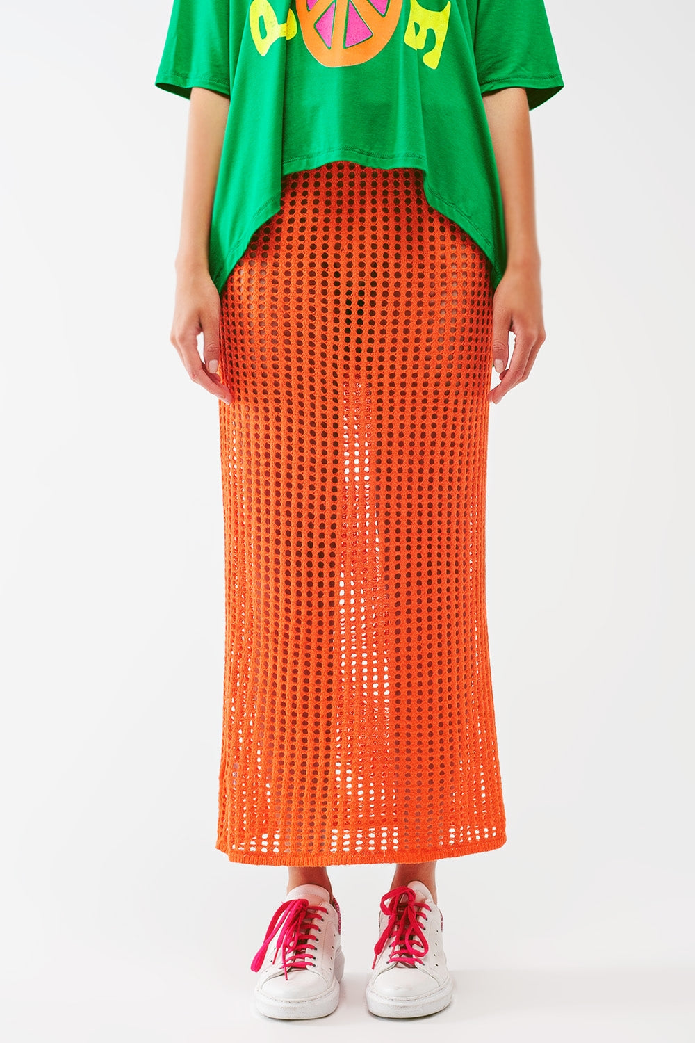 Q2 maxi sheer crochet skirt in Orange