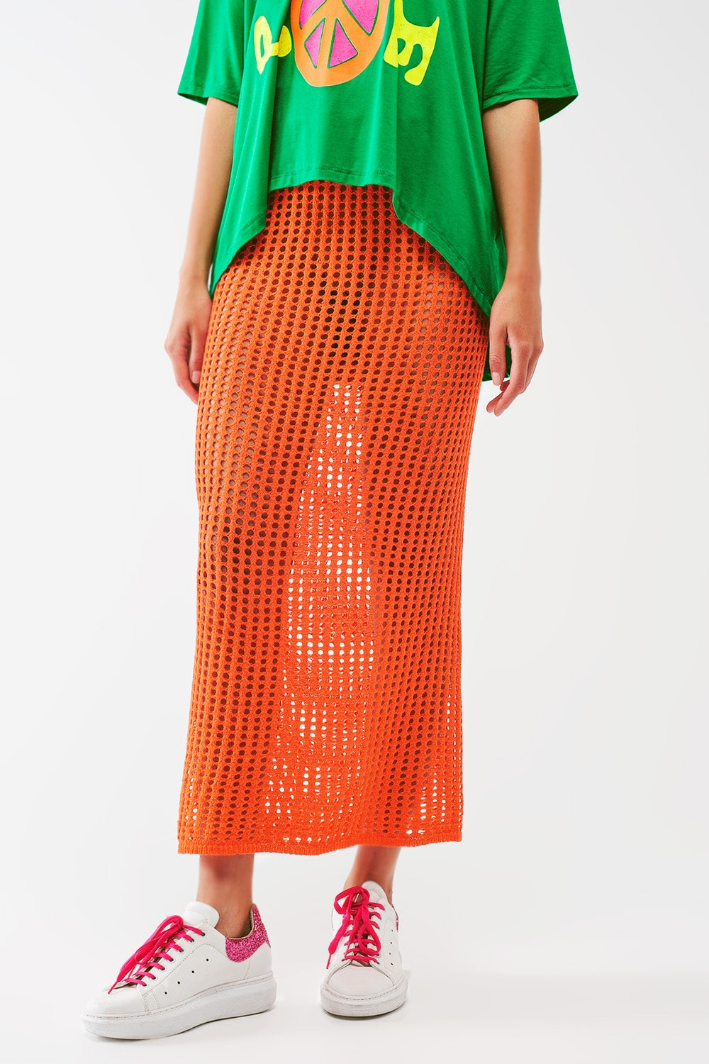 maxi sheer crochet skirt in Orange