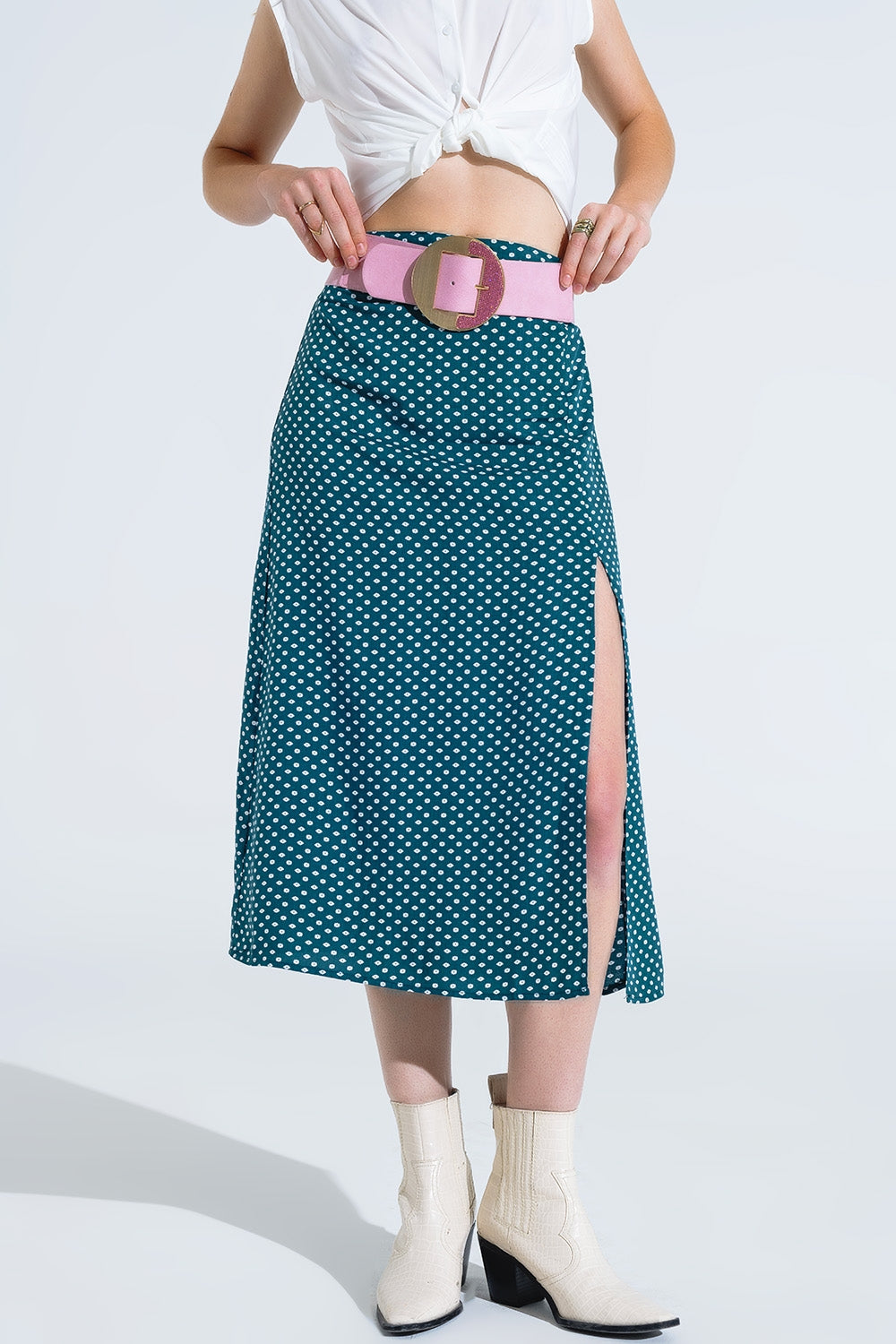 Q2 Maxi Skirt in Green With Flower Print and Side Slit