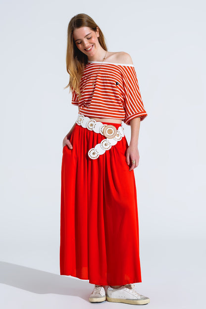 Maxi skirt in red fluid fabric with elastic waist