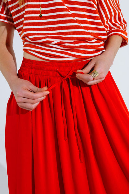 Maxi skirt in red fluid fabric with elastic waist