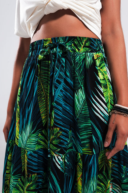 Maxi tiered skirt in green tropical print