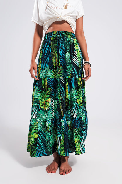 Maxi tiered skirt in green tropical print