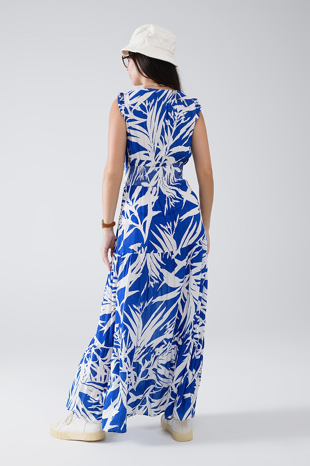 Maxi Tropical Print V-neck Dress With Slit in Blue