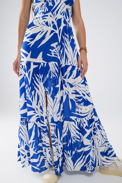 Maxi Tropical Print V-neck Dress With Slit in Blue