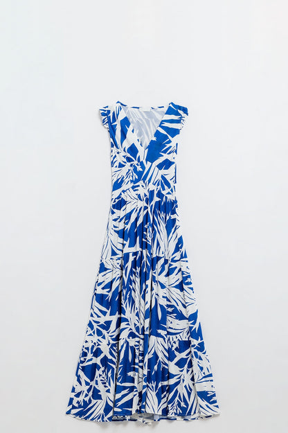 Maxi Tropical Print V-neck Dress With Slit in Blue