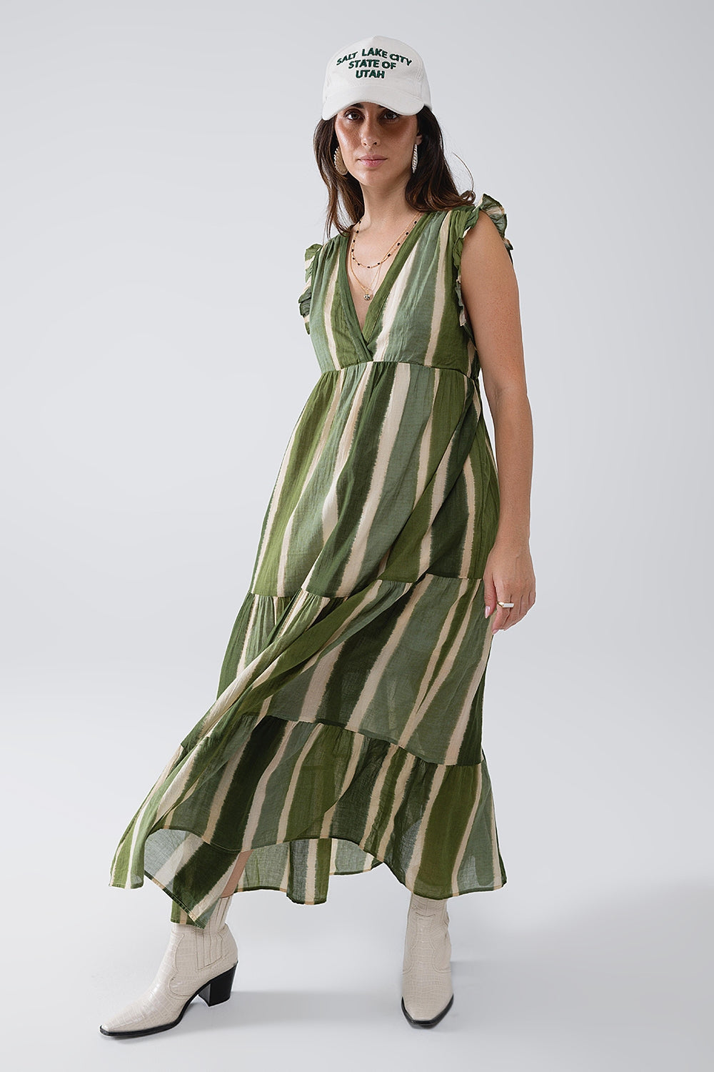 Maxi V-Neck Dress With Tiered Skirt In Striped Tie-dye Green