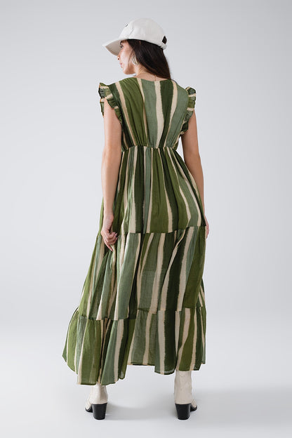 Maxi V-Neck Dress With Tiered Skirt In Striped Tie-dye Green