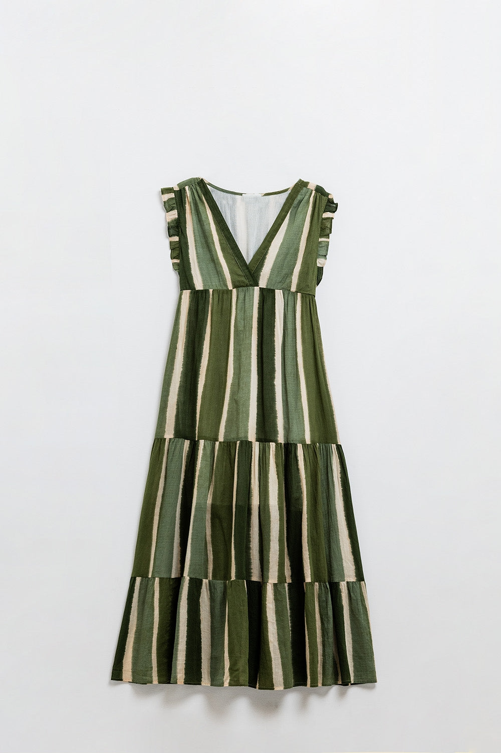 Maxi V-Neck Dress With Tiered Skirt In Striped Tie-dye Green