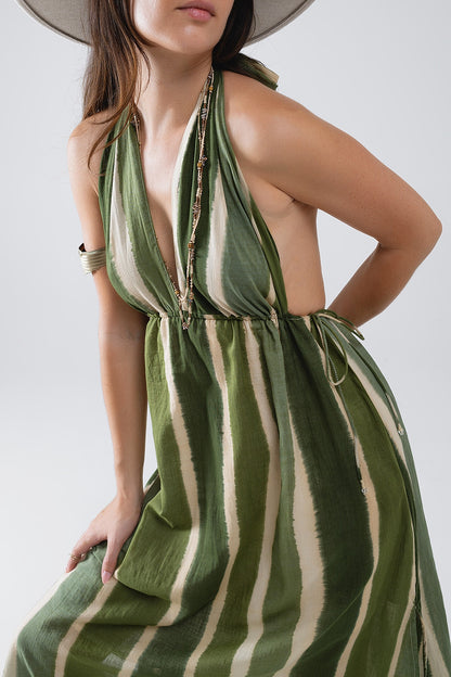 Q2 Maxi V-Neck Halter Dress With Side Slits In Striped Tie-dye Green