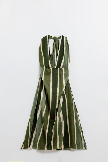 Maxi V-Neck Halter Dress With Side Slits In Striped Tie-dye Green