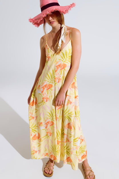 maxi yellow jumpsuit in tropical print