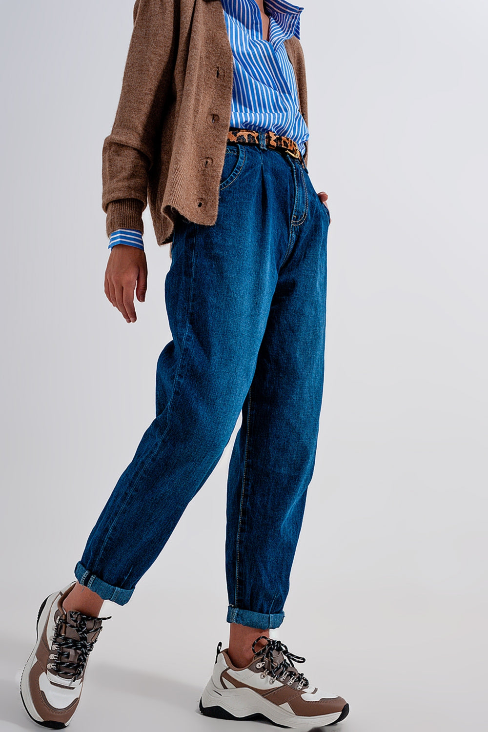 Q2 Medium blue pleat front pegged Jeans