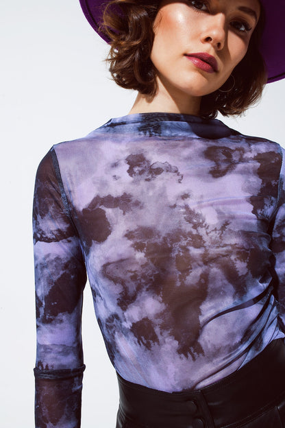 Mesh Top Rouched At The Side In Abstract Purple Print