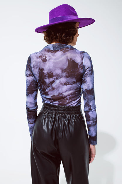 Mesh Top Rouched At The Side In Abstract Purple Print