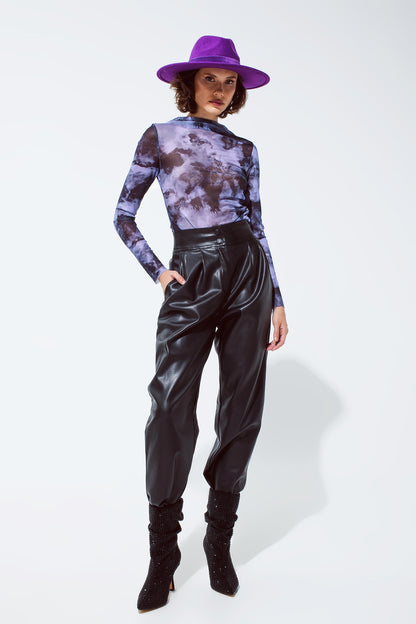 Mesh Top Rouched At The Side In Abstract Purple Print